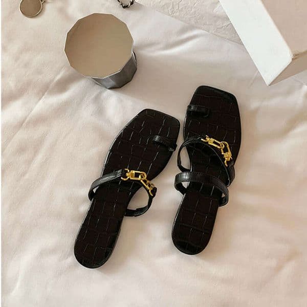 Grape Mom Same Style Casual ~ tot* Mandarin Duck Shoes Crocodile Gold designer sandals slippers Buckle Slip-On Flat Slippers Genuine Leather Women's Sandals