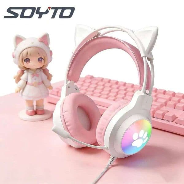 SOYTO Wired Cat Ear Gaming Headset PC Laptop Noise Cancelling LED Light Up Surround Sound for FPS Games Headphones with Mic