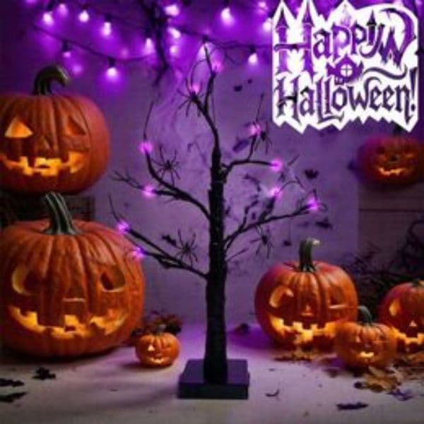 1pc 24 LED Artificial Black Birch Tree Light Table Lamp With 1g Stretch Cobweb And 5 Small Spider For Home Patry Halloween Decor