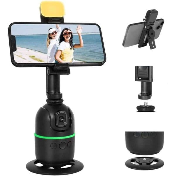 Face/Body Tripod, 360° Rotation Holder with Fill Light, Auto Tracking Phone Stand, Smart Gesture Control