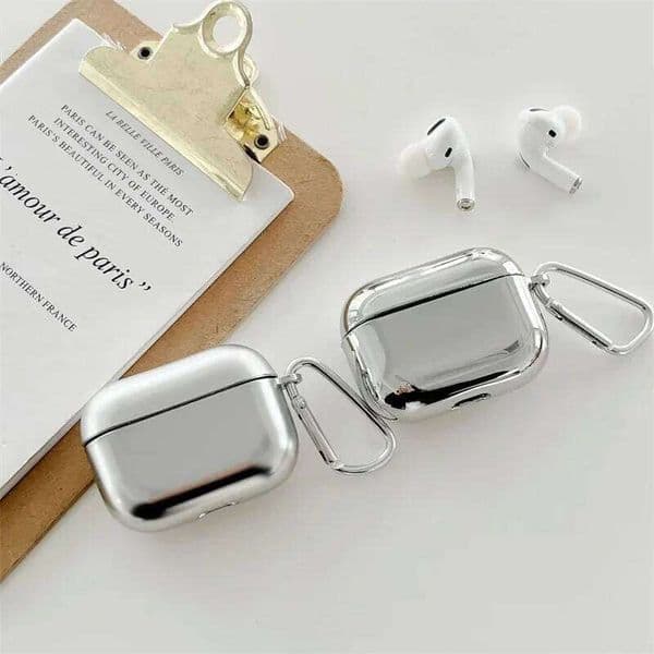 New For Airpods 1 2 3 4 Pro Pro2 Earphone Cover Protective Electroplated Mirror Simple Silver Case With hook 26W0505
