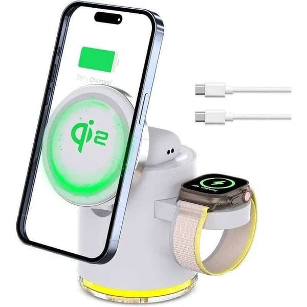 Desk Magnetic Wireless Charger Station Qi2 Fast Charging Stand for iPhone 17 16 15 14 13 12 iWatch 10/9/8/7 SE AirPods Pro