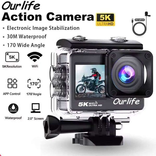 Ourlife 5K Action Camera 4K60FPS 2.0 Inch Touch Screen WiFi 170 Wide Angle 30M Waterproof Bicycle Motorcycles Sports Cameras 26H0506