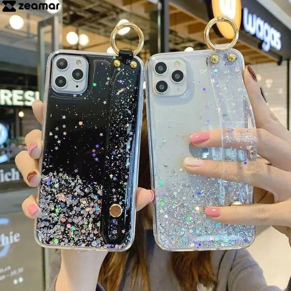 Bling Sequins Case For 16 15 14 Plus 13 12 Mini 11 Pro Max 8 7 Plus Wrist Strap Holder Transparent Ring Bumper Armor CaseT260506