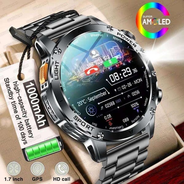 2025 Men 1.7-inch AMOLED Screen Smart Watch 1000mAh Battery Heart Rate BT Call NFC GPS Tracker Sports Fitness Watches New 26L0506