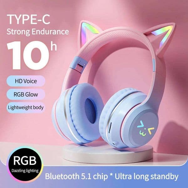 Gradient wireless Headphones RGB cute cat ear BT Earphones with microphone Stereo Music Game Earphone Girls Kids Gifts 26W0507