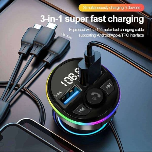 Bluetooth 5.0 FM Transmitter Car Kit MP3 Modulator Player Handsfree Audio Receiver With 3 in 1 Charge Cable for IPhone Huawei