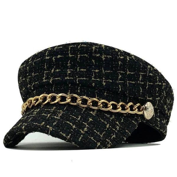 2019 New Women Tweed Newsboy Caps Chain Flat Top Visor Vintage Plaid Military Cap Female Autumn Winter Hats