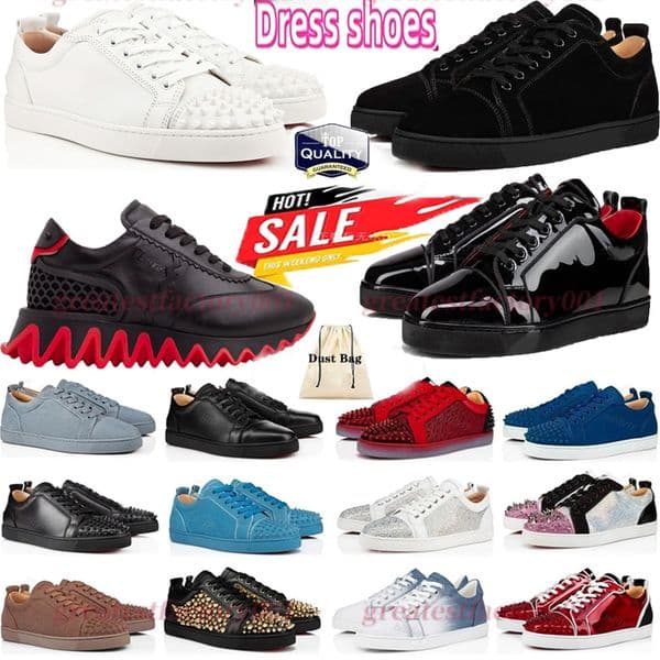 TOP Luxury Designer Low Dress red bottom shoes men Casual Glitter Grey Rivets Leather Suede Green Men Women Fashion Spikes Office Career Wedding red bottoms size 35-47