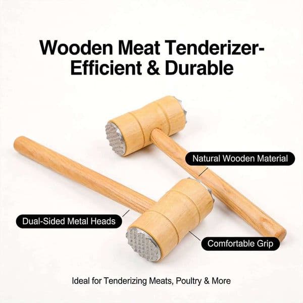 "Double-Sided Tenderizer Hammer Heavy Duty Wooden Mallet with Comfortable Gripand Poultry - Ideal Meat Pounder Tool"