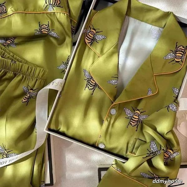 Luxury room Designer Decor Bee Print Women's Pama Set - Faux Silk Satin 2-Piece Pyjama Long Sleeve Sleepwear For Spring/Autumn Decoration Fo 18