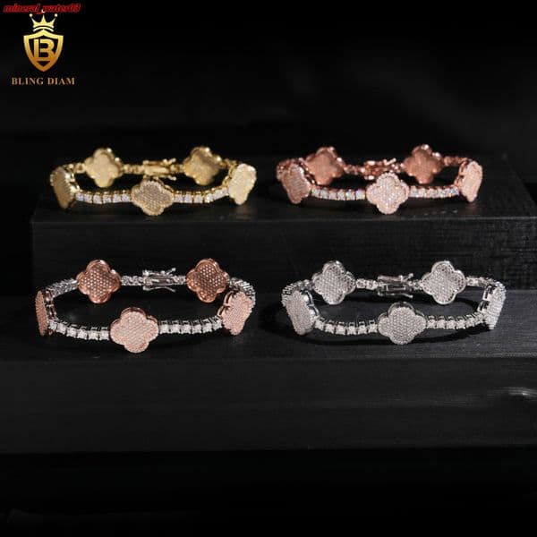 High End 925 Silver Rose Gold VVS D Color 3MM Round Cut Moissanite Four Leaf Bracelets Bangle Moissanite Jewelry Diamonds