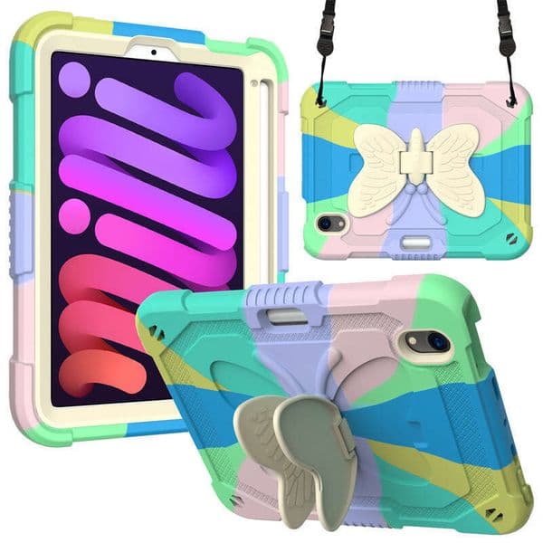 Colorful Butterfly Beige PC Stand iPad mini6 Silicone Tablet Case Cartoon Strap Anti-drop Protective Cover