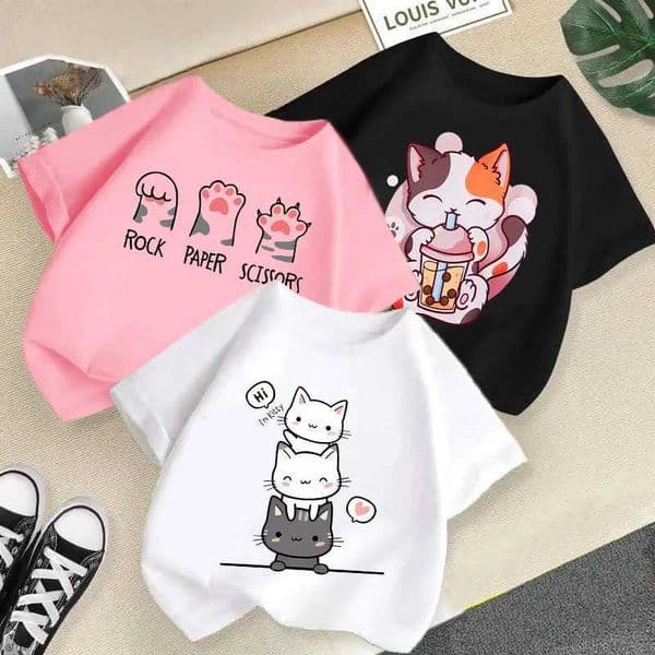 2026 New Summer New Cat Printed Candy Color Funny Round Neck Short Sleeve Baby Girls Summer Clothes Trendy Childrens T-shir L260509THL1