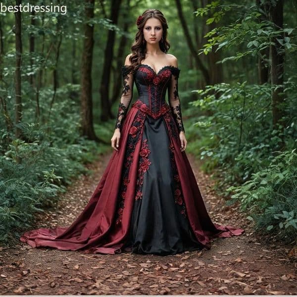 Vintage Dark Red And Black Prom Dress Medieval Vampire Corset Evening Gown Lace Appliques Off Shoulder Long Sleeves Special Occasion Gown For Women