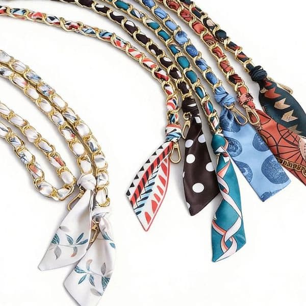 115cm Fashion Metal Chain Bag Strap Luxury Silk Scarf Decor Crossbody Shoulder Replacement Strap for Handbag Purse DIY Accessories