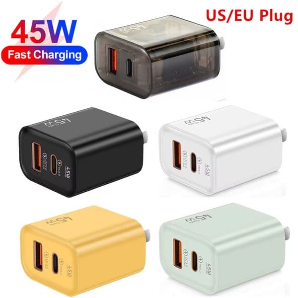 GaN 45W PD3.0 USB C Fast Charger Quick Charge USB A Type C Dual Ports Cellphone Charging Station Travel Power Wall Adapter For iPhone 17 16 15 Samsung S26 S25 Huawei Xiaomi