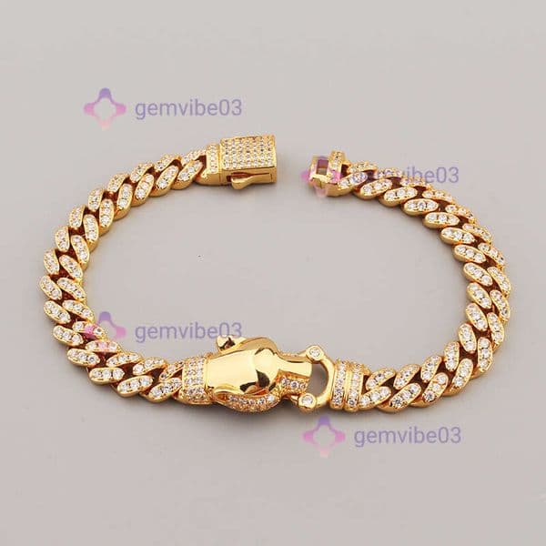 New European American Hip style moissanite head Cuban chain classic hip hop leopard bracelet for men and women 8 inch jewellery