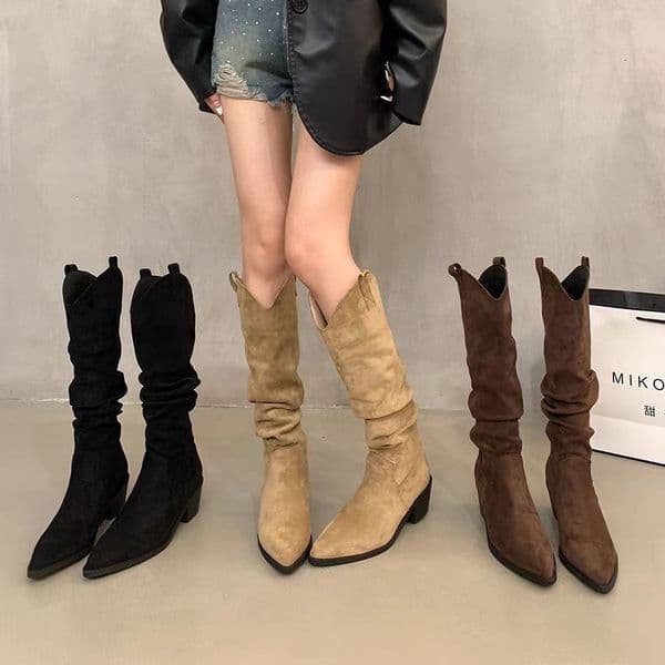 Ddmysports French Retro Coffee Color Stacked Western Cowboy Autumn Winter High Women S Petite Khaki Long Boots Outdoor Shoes