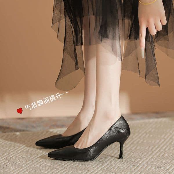 Genuine Pointed Toe High Heels Women, Stiletto Heels, Black Work for Flight Attendants, Hotels, Office Workers, Soft Leather Single Shoes