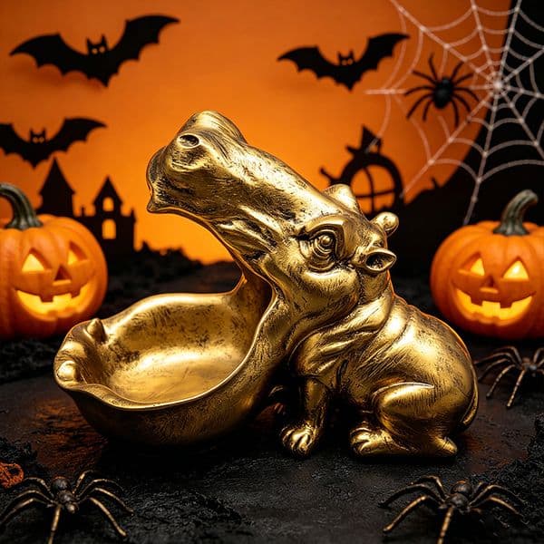 Gold Hippopotamus Desk Ornament with Large Open-Mouthed Design Unique Animal-Themed Ashtray