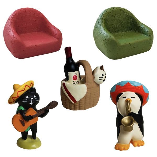 Kawaii Mini Music Bar Figurines Set, Guitarist Black Cat Trumpeter Penguin Sofa Wine Basket Resin Ornaments