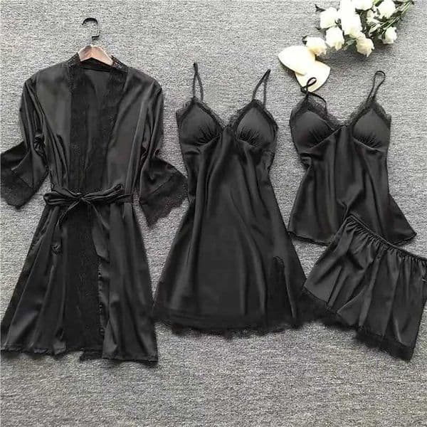 4PCS Sleepwear Pajamas Set Silk Women Nightdress Lace Dress Robe Sleep Nightwear Silk Solid Color Pijama SetsJ260511
