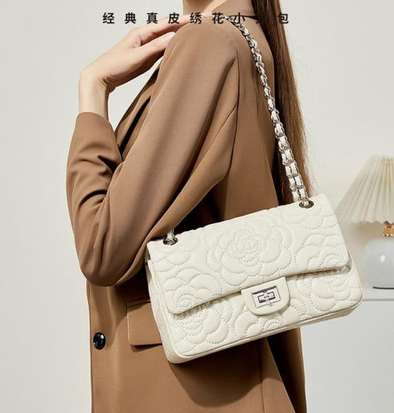 Camellia Flower Embroidered Leather Small Square Bag for Women - High-end Chain Crossbody Bag