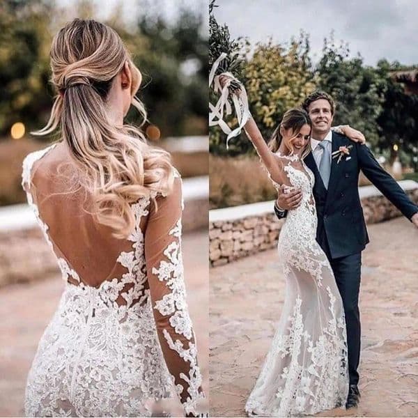 Sexy Mermaid Wedding Dresses Jewel Neck Tulle Long Sleeves Lace Appliques Illusion Sheer Bridal Gowns Bride Dress Open Back