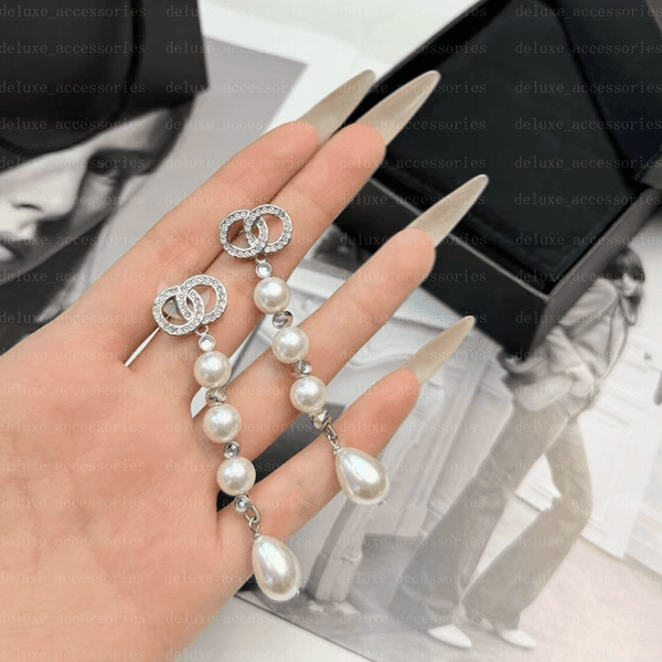 Classic Pearl Pendant Earrings C Crystal Pearl Drop Earrings Elegant Long Teardrop Pearl Dangle Earrings for Women With Box