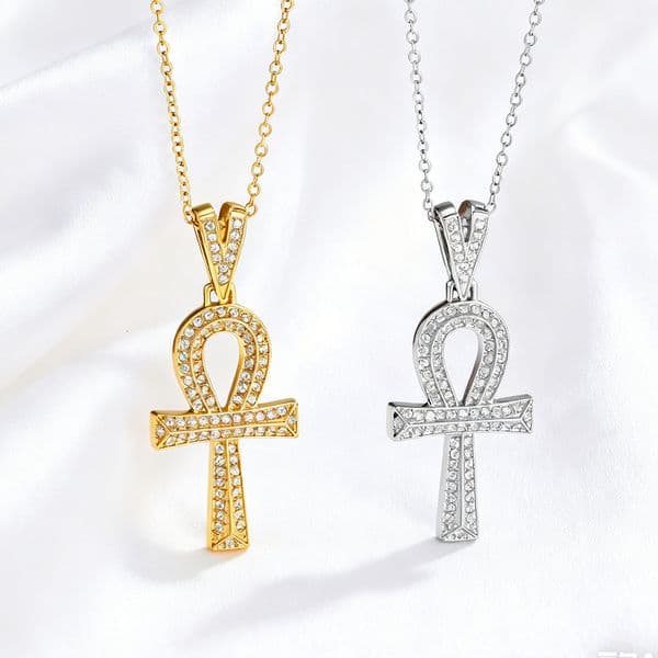 Hip-Hop Egyptian Necklace Full Zircon Ankh Cross Pendant Light Luxury Style High-End Sweater for Women
