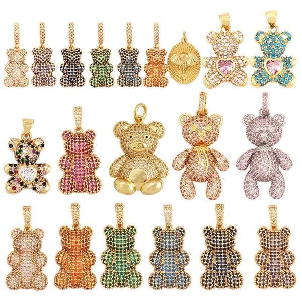 Luxury Fine Inlaid Rainbow Cubic Zirconia Charm Pendant,Cute Bear Jewelry Necklace Bracelet Making Wholesale Supplies M85