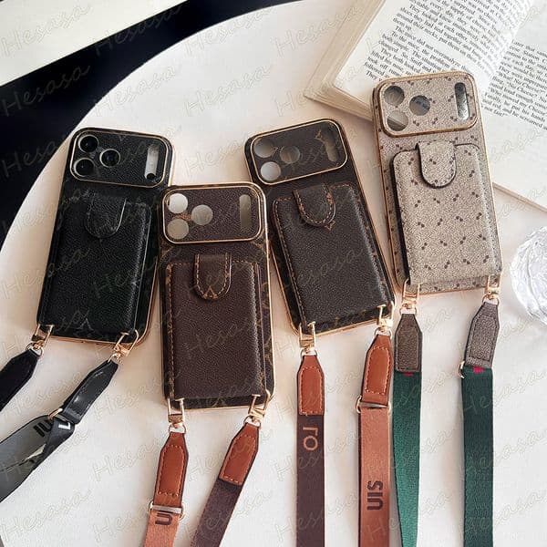 Designer Leather Card Pocket Phone Case for iPhone 17 Pro Max Air 16 Plus 15 14 13 12 11 Plated Shell Luxury Crossbody Strap Cover Samsung S26 Ultra Galaxy S25 S24 S23 S22
