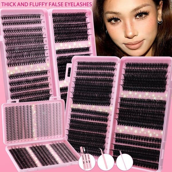 DIY Lash Cluster Kit - Fluffy Wispy DIY Eyelash Extensions D Curled with Lash Bond and Seal Strong Hold, 10-16mm Mixed Length False Eyelashes Natural Look Cluster Lashes