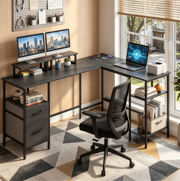 L Shaped Corner Desk With Charging Station Reversible Monitor Stand Foldable Fabric Drawers 4 Position Adjustable Shelf Computer Desk For Home Office Gaming