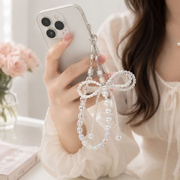 Crystal Pearl Bow Beaded Keychain Wristlet Phone Charm Strap Bag Pendant for Women
