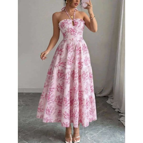 Women's Elegant Floral Print Double Strap Halter Neck Ruched Off Shoulder Backless Dress, Sweet Vacation Beach Party Outf