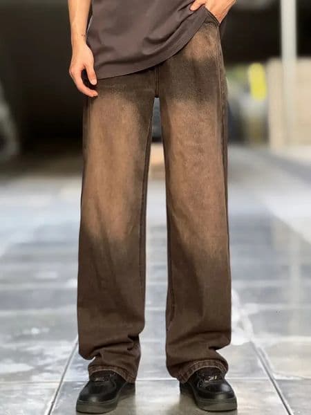 Oversized Distressed Brown Denim Jeans for Men - Y2K Retro Street Style Trousers 260509
