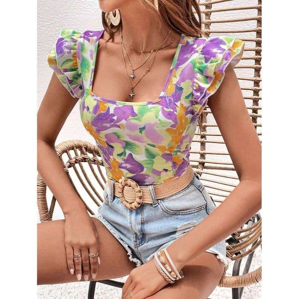 Women Knitted Blouse Spring Summer Colorful Watercolor Floral Print Square Neck Ruffle Cap Sleeve Slim Basic Casual Vacation Top