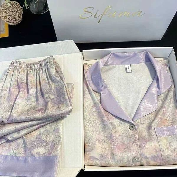 Sleepwear women's spring-autumn ice-silk long-sleeved long pants lightweight style student's ins dormitory can be worn outside J260514