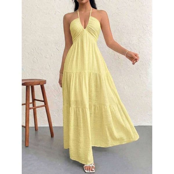 Women's Yellow Halter Neck Maxi Dress Backless Bow Tie Crinkled Tiered Sleeveless Boho Sundress Spring Summer Beach Outfit