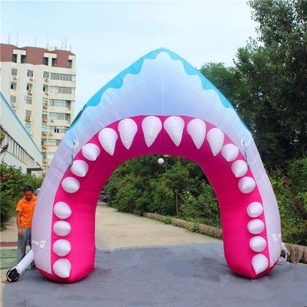 6m 20ft high Fancy Inflatable Shark Arch With Strip and Blower For Mall Advertising Theme Decoration