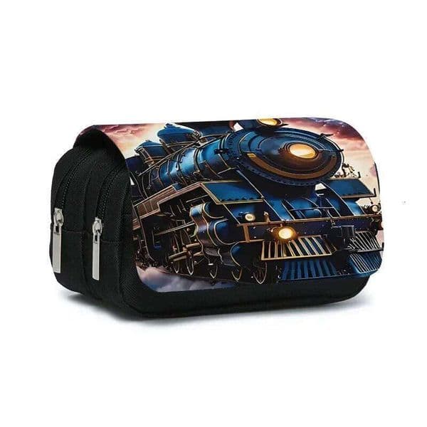 Locomotive Pattern Double-Layer Flip Pen Case Best Gift for Boy/Girls 2D Cartoon Convenient Durable School Supplies Pencil Pouch