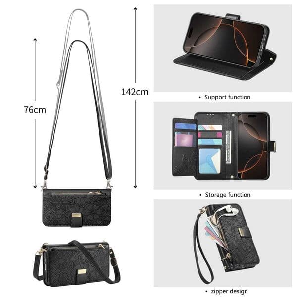 Leather Zipper Crossbody Flip Wallet Card Slot Phone Case For iPhone 16E 16 Plus 15 14 13 12 17 Pro Max Wrist Strap Funda Cover C2605151