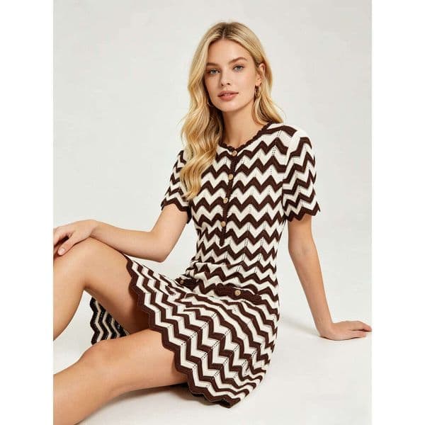 2026 New Summer Designer French Wave Pattern Elegant Knitted Long Dress, Slim Fit Round Neck Short Sleeve Women's Dress