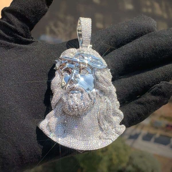 Two Tone Huge Spooky Silver Jesus Face Head Zircon Crown Charm Jumbo Pendant Cubic Zirconia Necklace