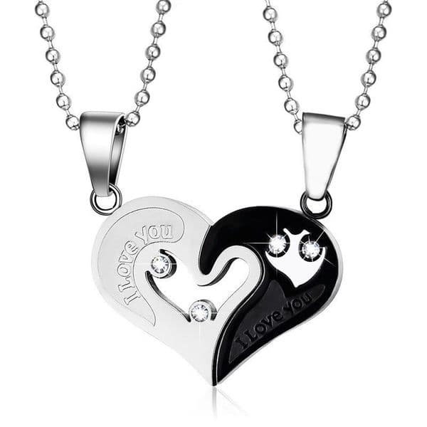 Fashion Crystal Double Heart Pendent Necklace Set 18K Silver Plated I Love You 2 in 1 Crystal Couple Lovers Necklace Leather Chain Distance Relastionship Necklaces