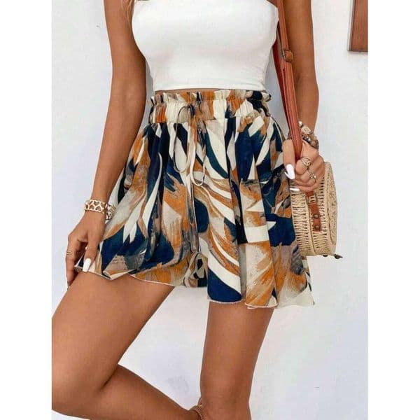 Women Casual Boho Abstract Print High Ruffled Hem Drawstring Waist Flowy A Line Spring Summer Beach Vacation Shorts