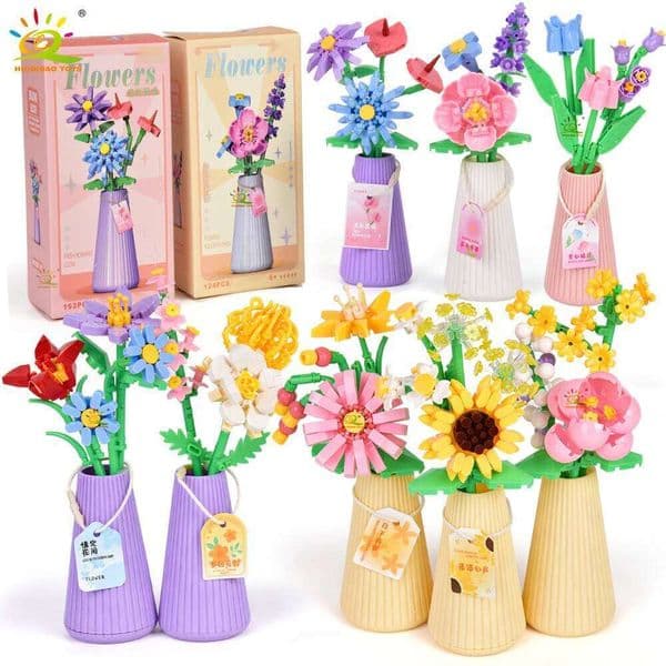 HUIQIBAO MOC Eternal Flower Bouquet with pot Micro Building Block Sunflower Rose Mini Model Brick Toy home Desk Decoration