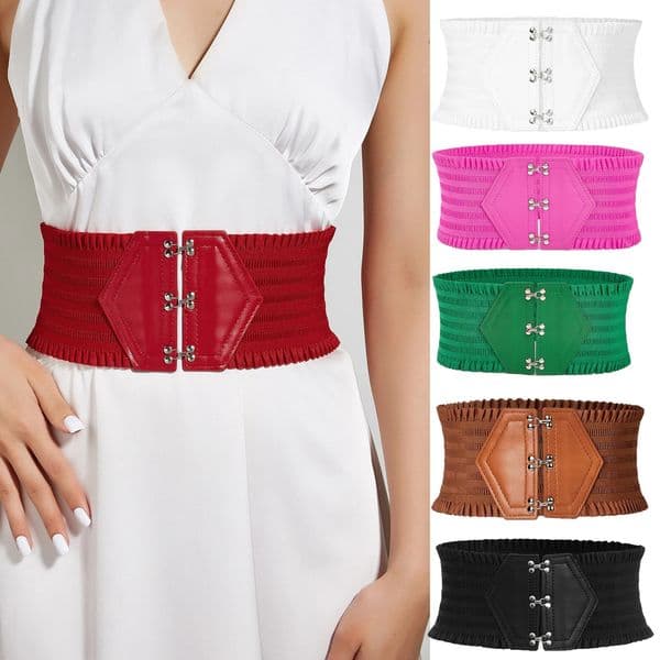 Vibrant Triple Buckle Elastic Waistband Ruffles Wide Belt - Elegant Decorative Dress Girdle for Women with Adjustable Strap 260515